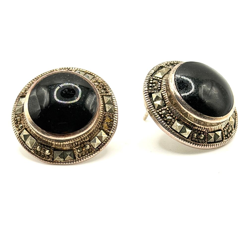 Vintage 90s Collins Fine Jewelry Sterling Silver Black Onyx Marcasite Studs